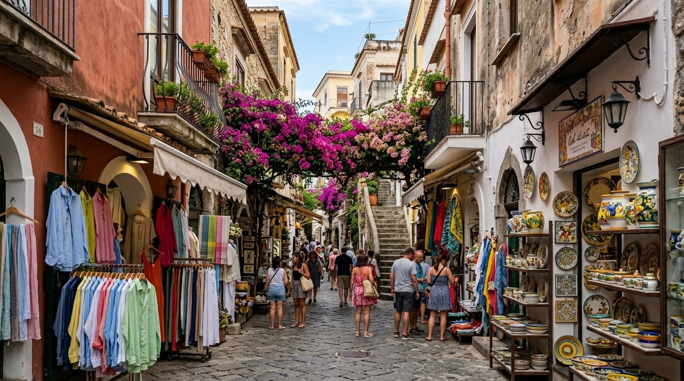 Linen boutiques in the lanes of Positano on the Amalfi Coast
