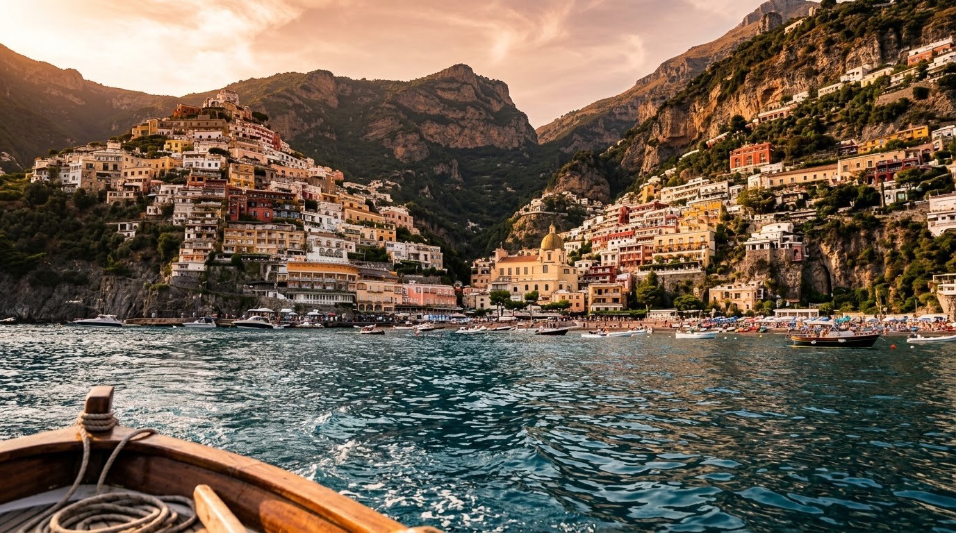Positano seen from the sea at golden hour