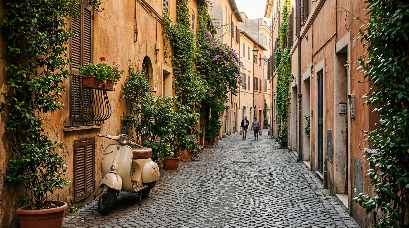 Quiet ivy-covered lane in Trastevere, Rome, in early morning