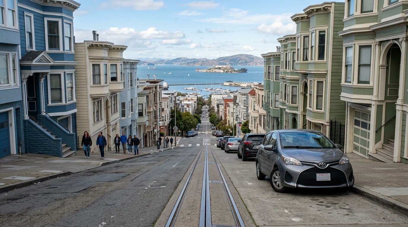 Rental car parked on a steep San Francisco hill street