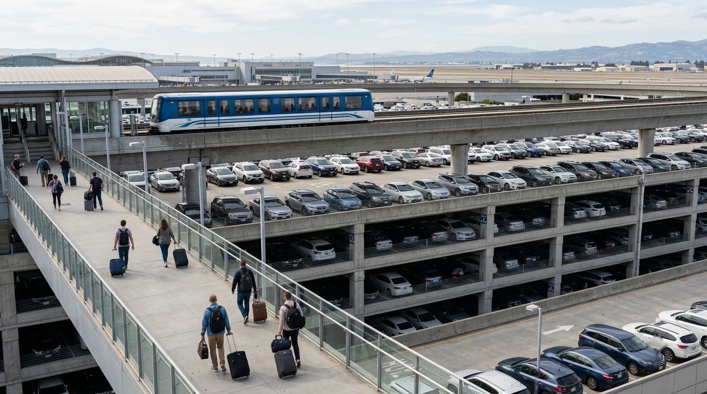 Rental car garage at San Francisco airport with the AirTrain passing