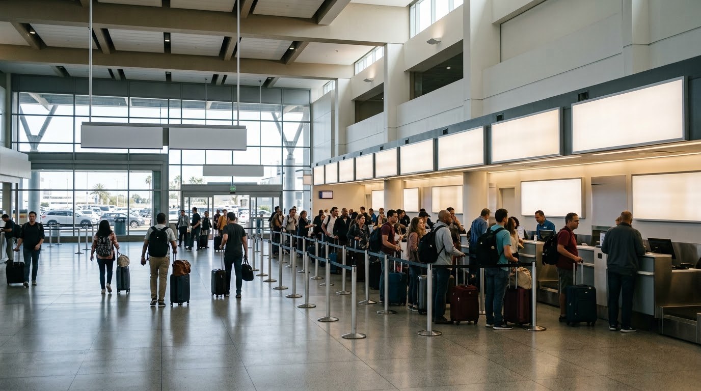 Travellers at rental counters in the San Francisco airport rental car center