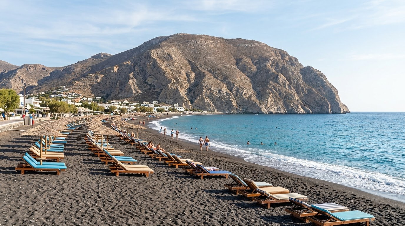 Kamari black sand beach and Mesa Vouno mountain on Santorini