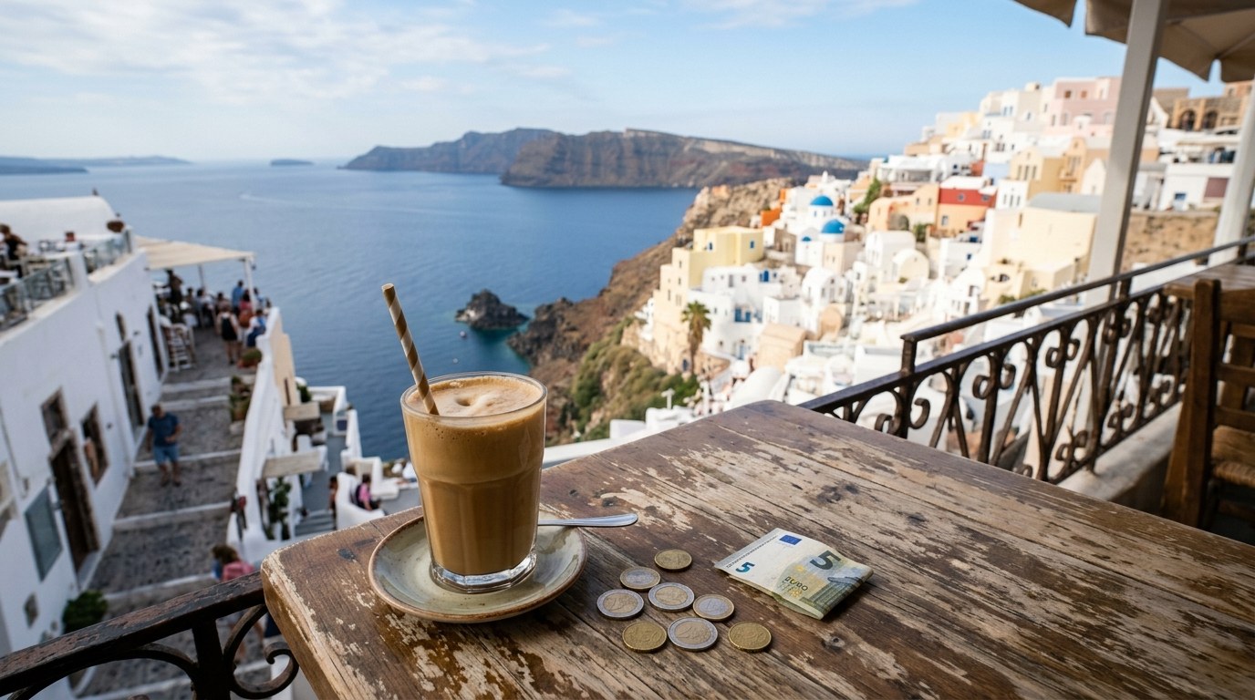 Iced frappe and euro coins on a cafe table overlooking the Santorini caldera