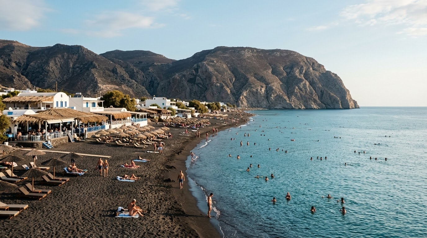 Perissa black sand beach on Santorini in the afternoon