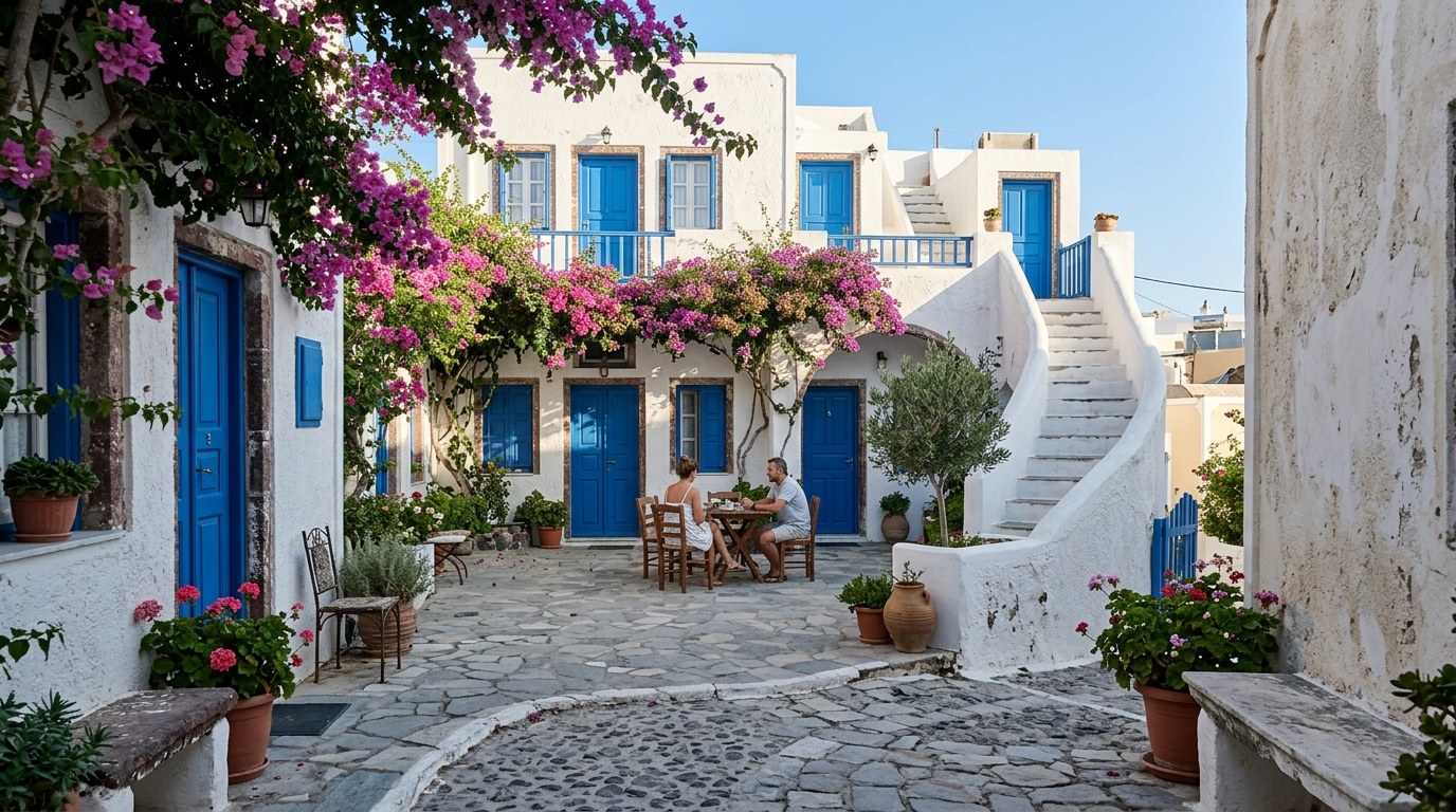 Budget whitewashed guesthouse with blue doors in Karterados, Santorini