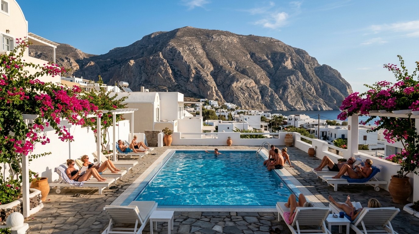 Budget hotel pool in Kamari with Mesa Vouno behind, Santorini