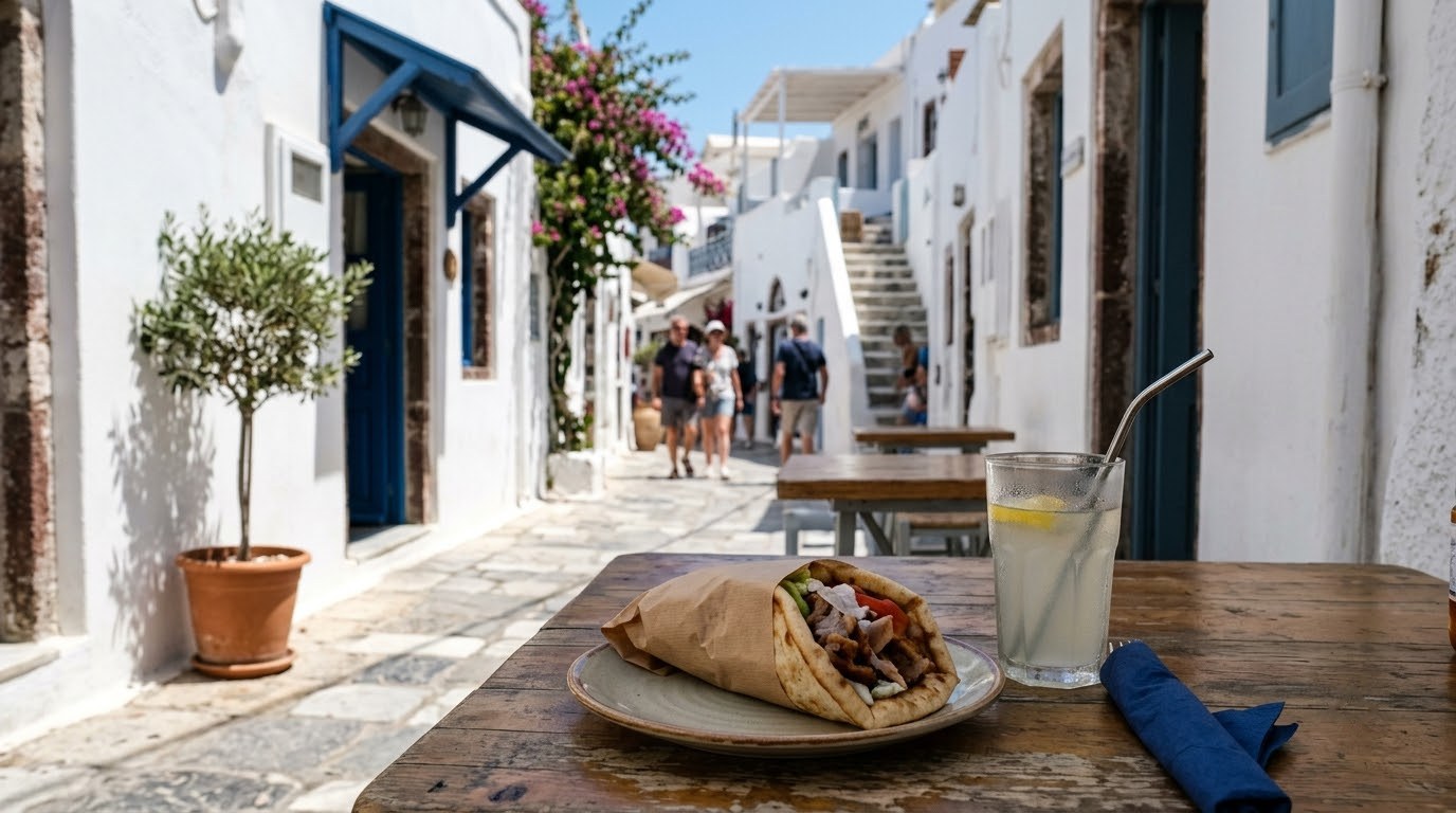 Cheap gyros pita at a souvlaki spot in Fira, Santorini