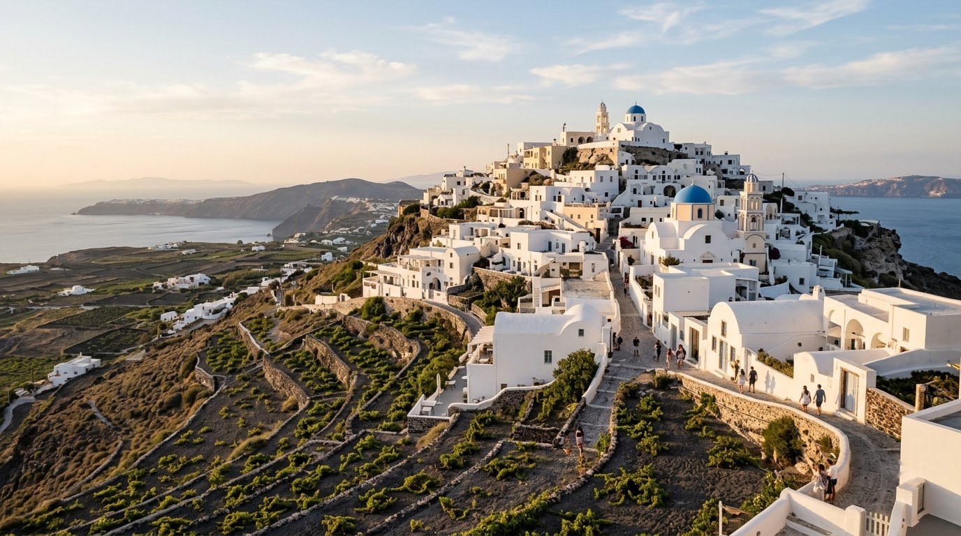 Pyrgos hilltop village and surrounding vineyards on Santorini in late afternoon
