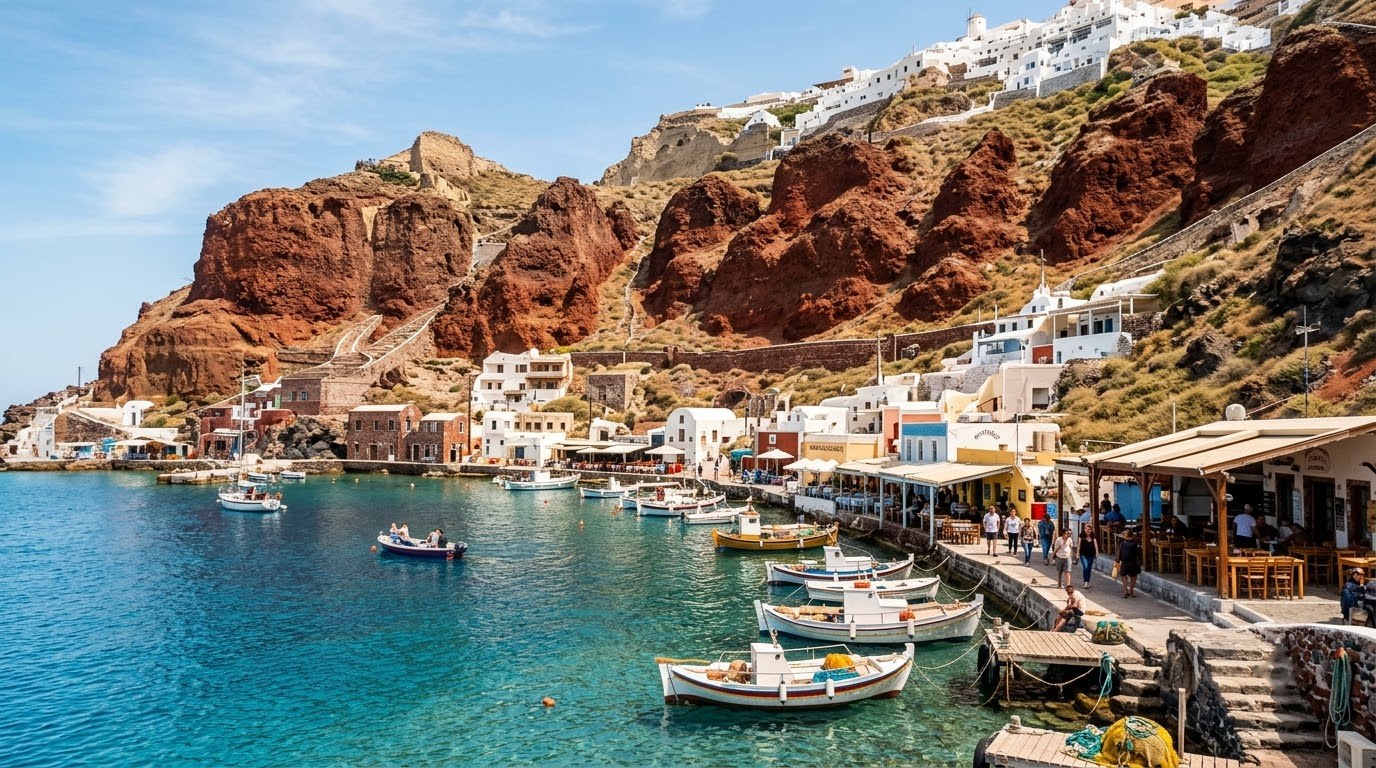 Ammoudi Bay below Oia in quiet shoulder season, Santorini