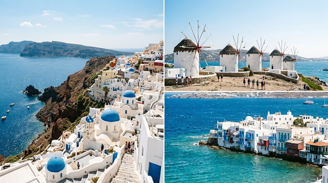 Diptych of Santorini blue domes and Mykonos windmills