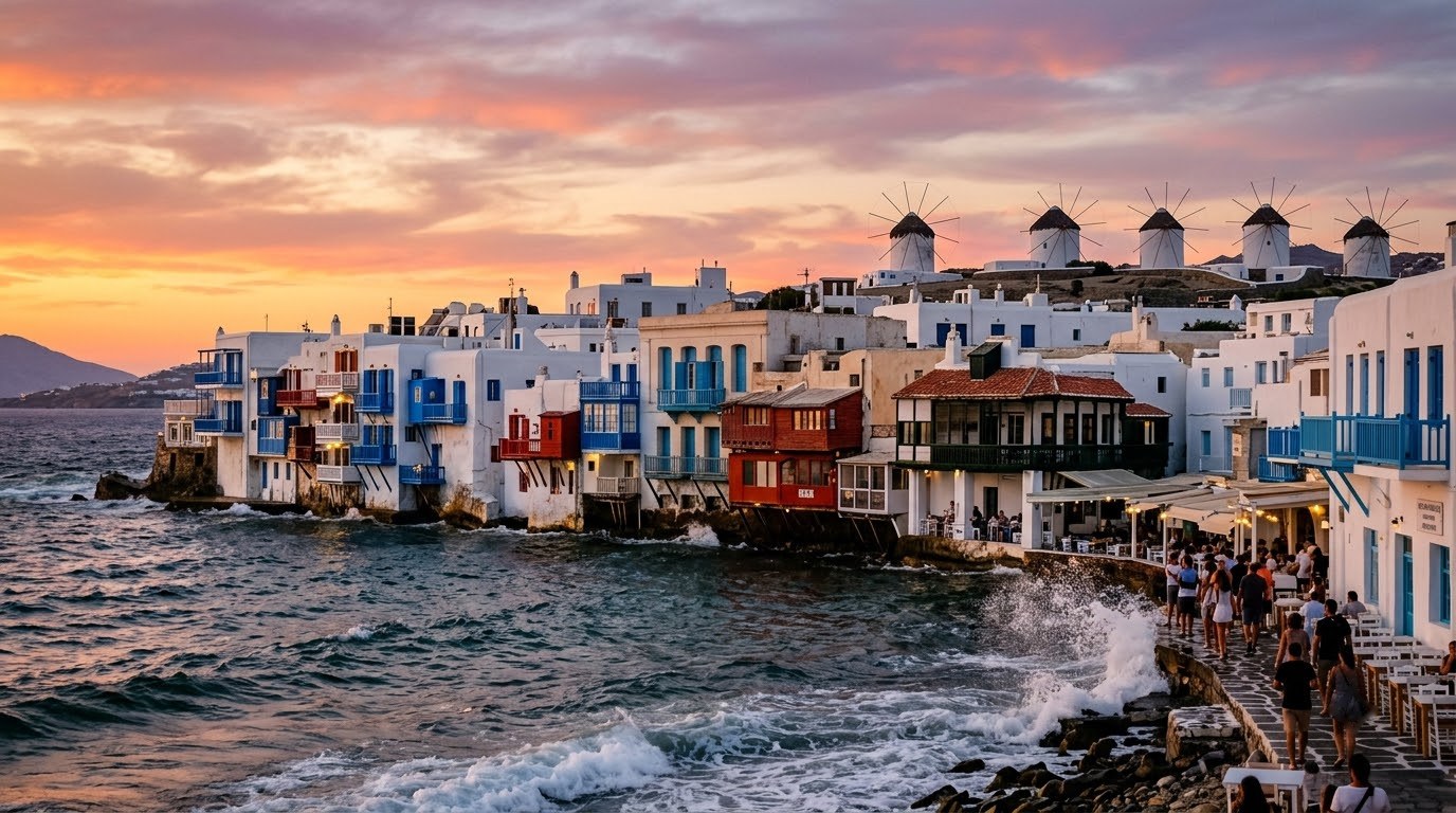 Little Venice in Mykonos at sunset with windmills beyond