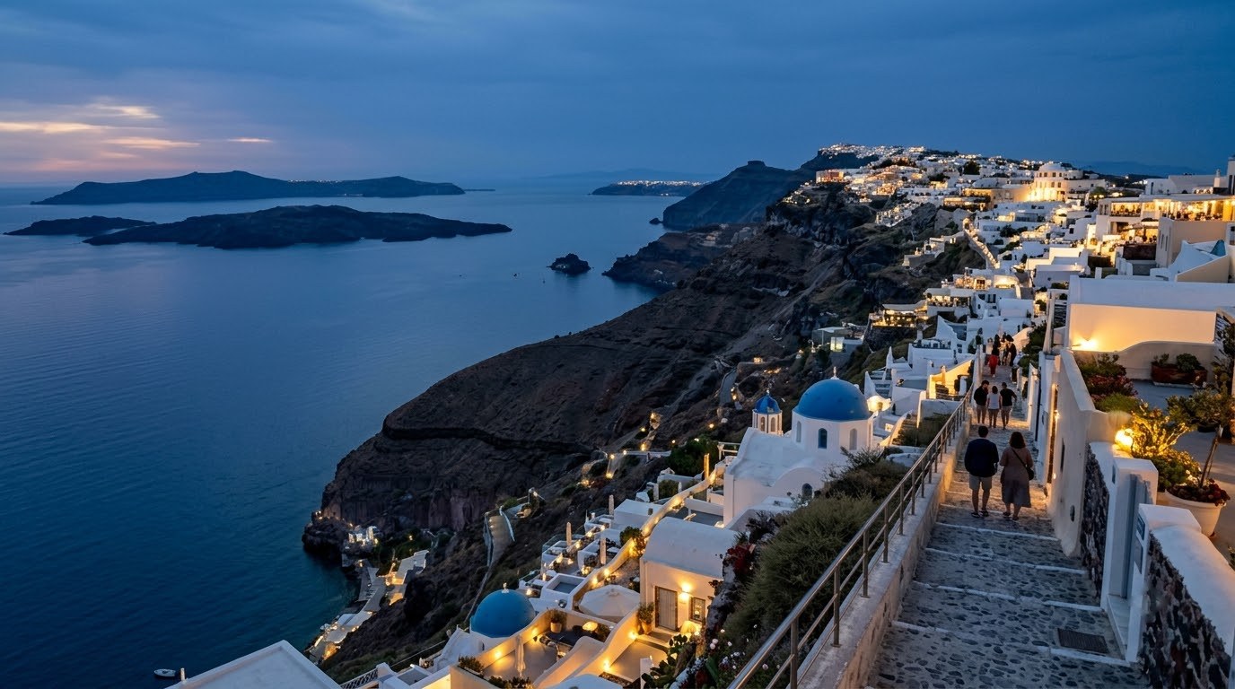Santorini caldera cliffs at blue hour seen from Firostefani