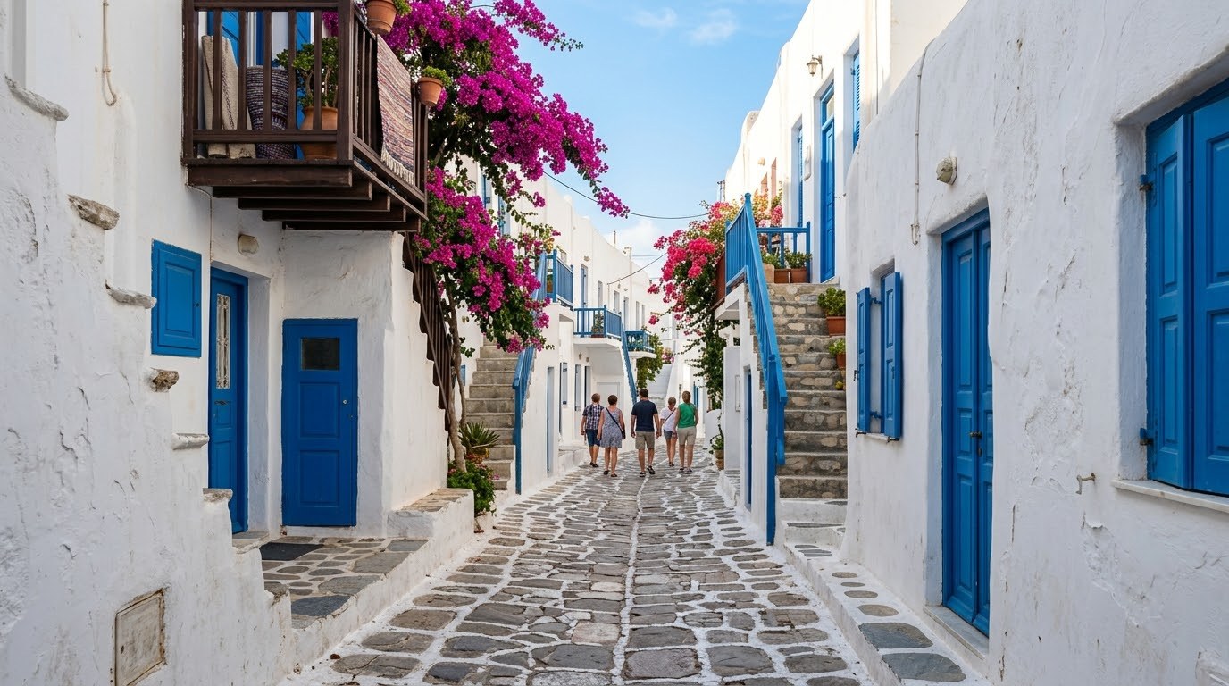 Whitewashed lanes with blue doors and bougainvillea in Mykonos town