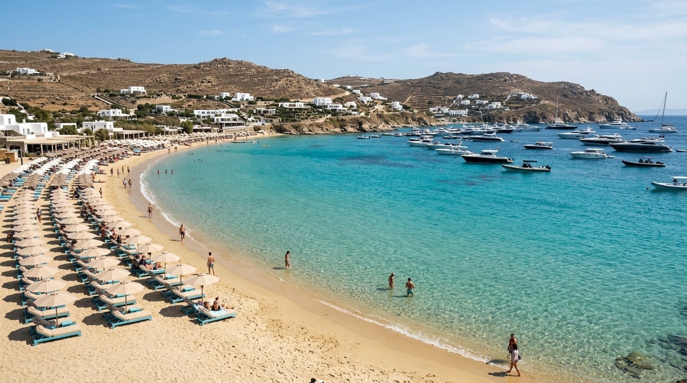 Psarou beach on Mykonos with turquoise water and sunbeds