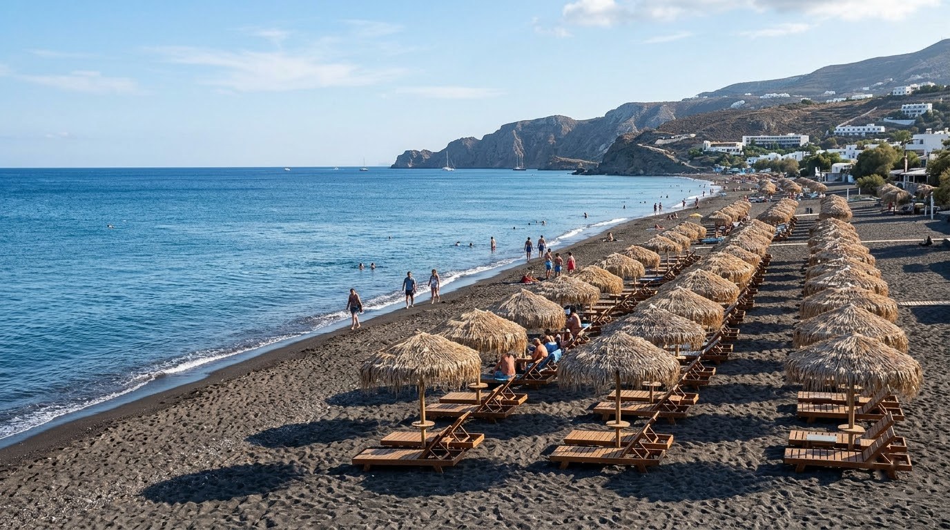 Perivolos black volcanic sand beach with straw umbrellas on Santorini