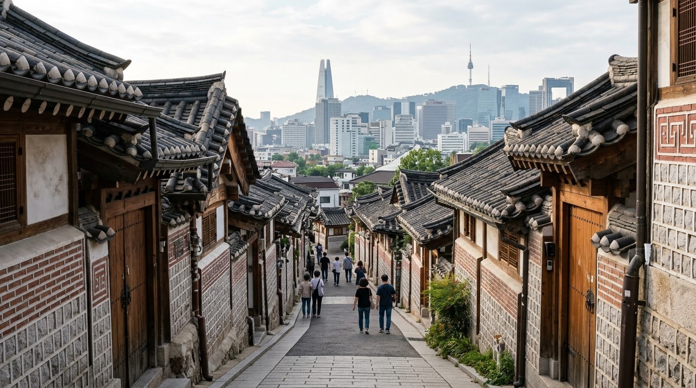 Traditional hanok rooftops in Bukchon Hanok Village, Seoul