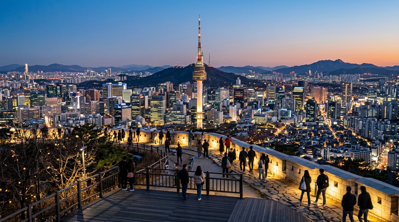 Seoul skyline at dusk seen from Namsan with N Seoul Tower
