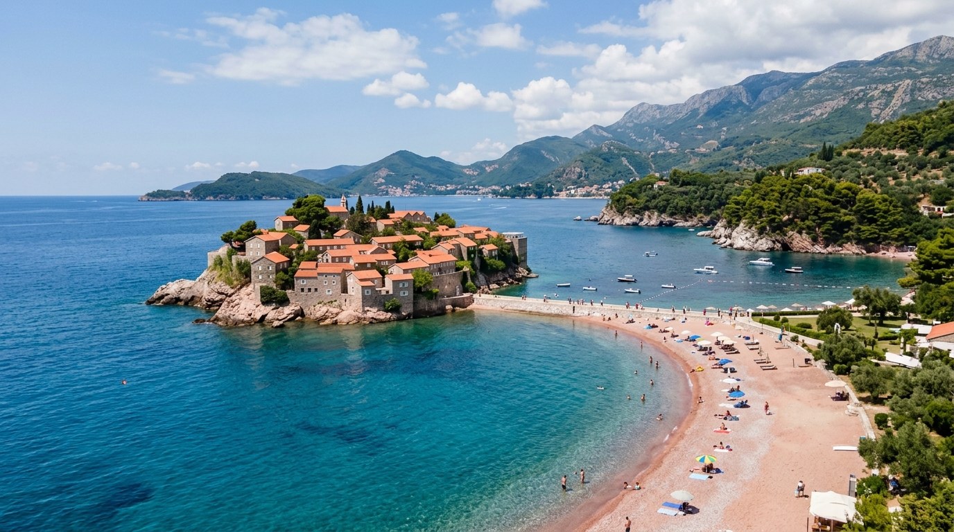 Sveti Stefan islet and pink-sand beaches on the Montenegro coast