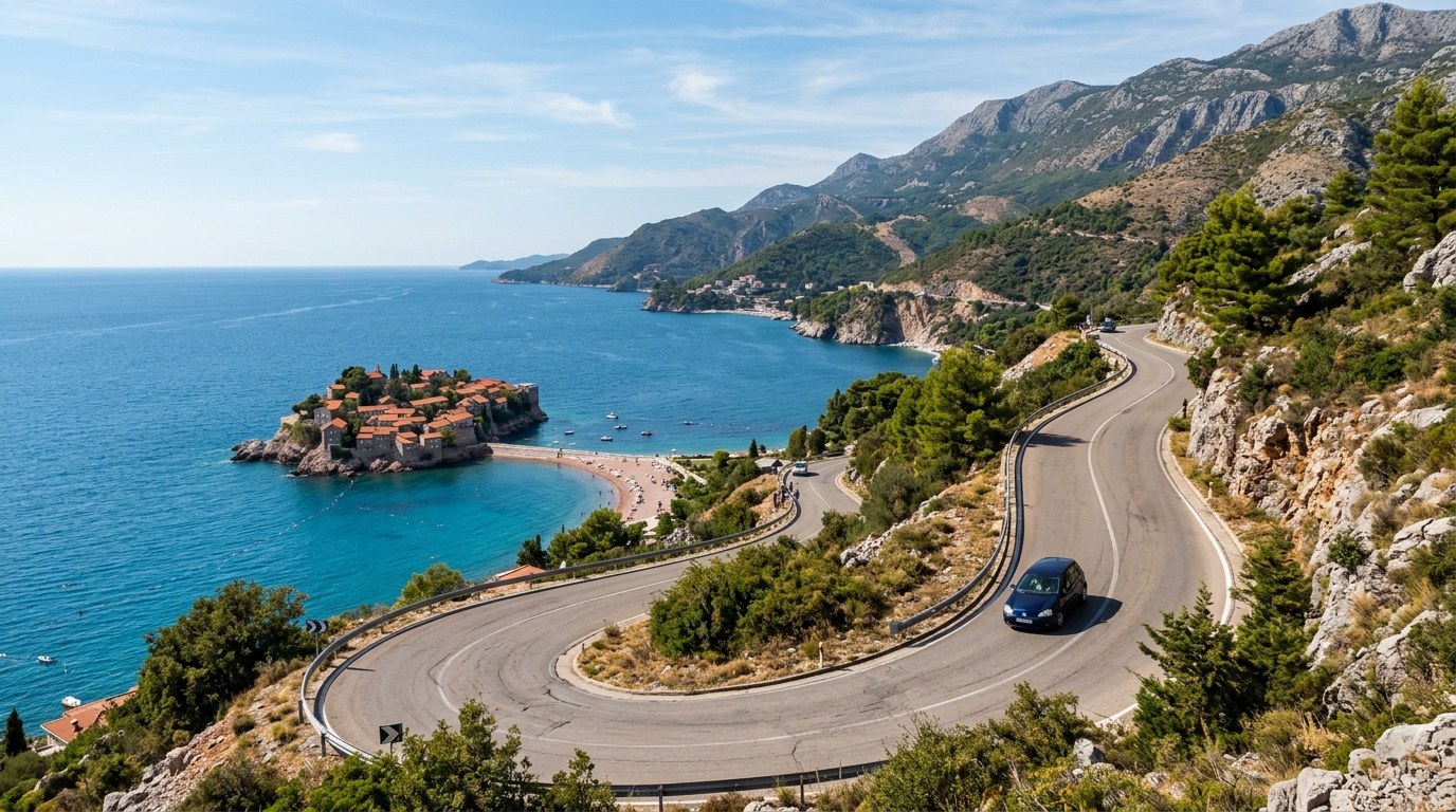Coastal road above Sveti Stefan on the Budva Riviera, Montenegro