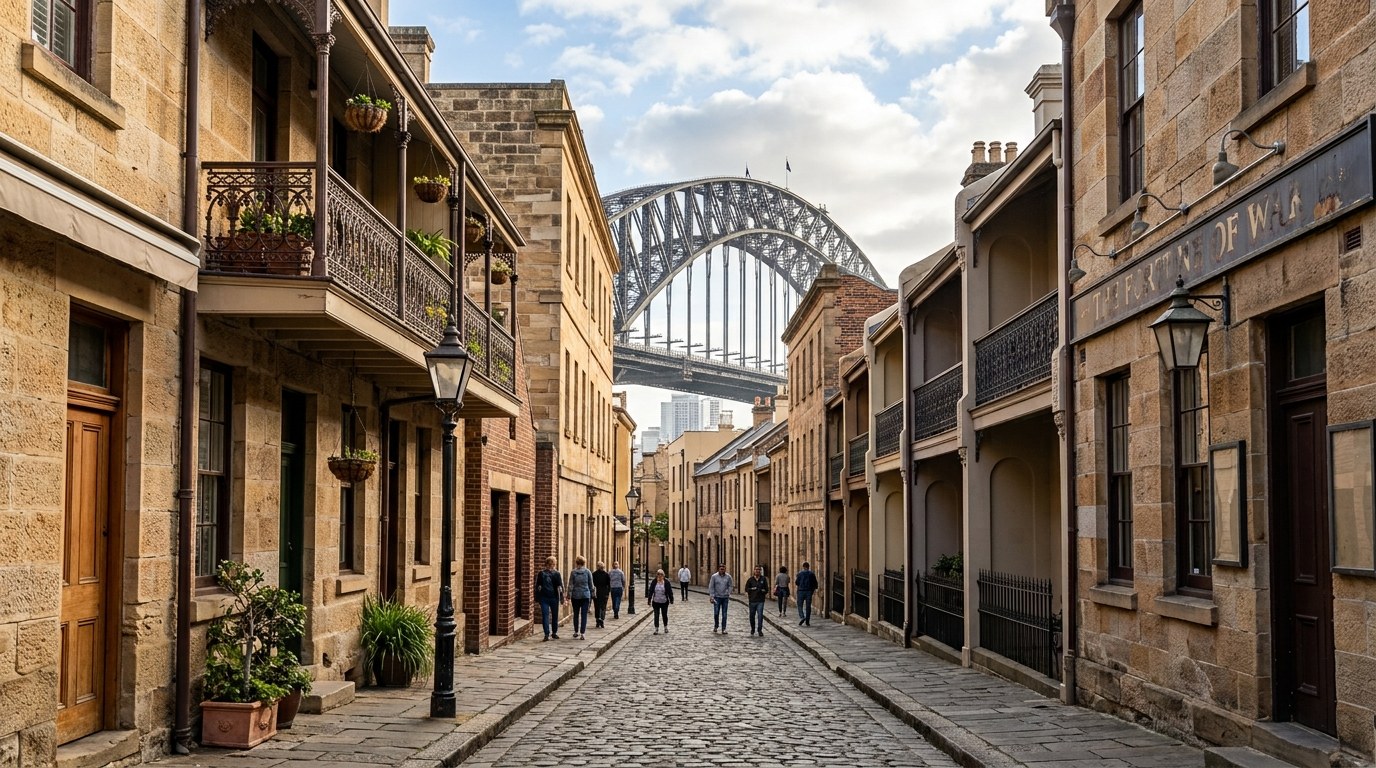 Sandstone laneway in The Rocks with the Harbour Bridge beyond, Sydney