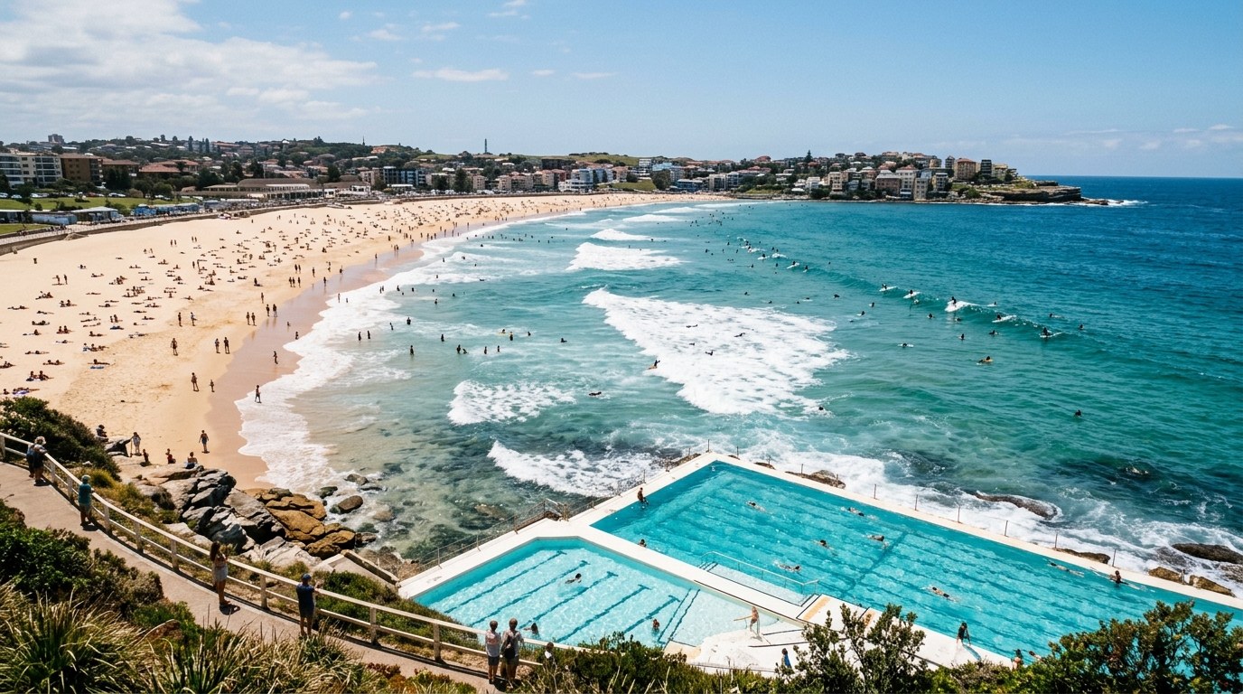 Bondi Beach and Icebergs pool in Sydney on a bright day