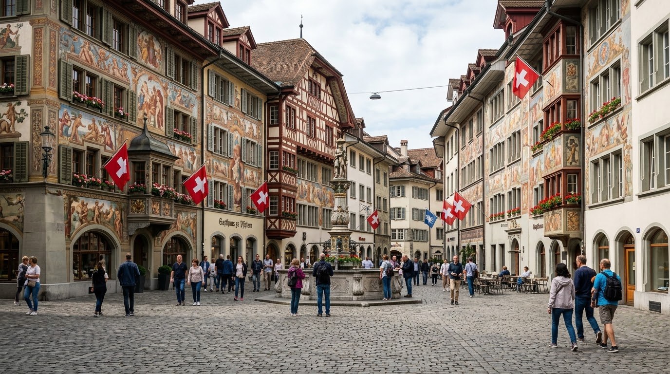 Painted facades on Weinmarkt square in Lucerne old town