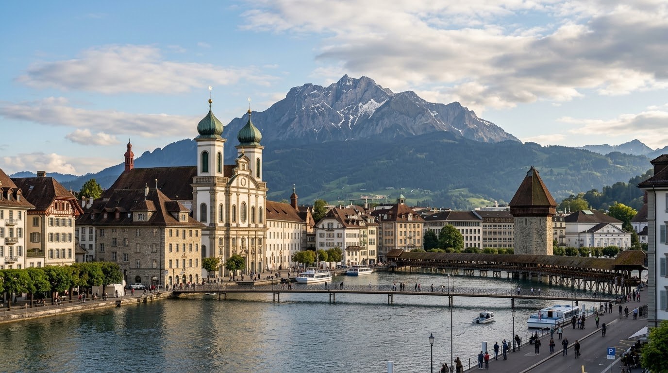 Lucerne old town and lake with Mount Pilatus beyond