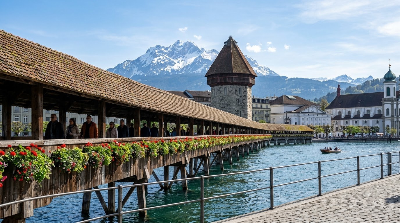 Chapel Bridge and Water Tower in Lucerne with the Alps behind