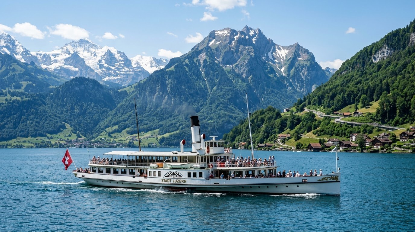 Paddle steamer cruising Lake Lucerne beneath Alpine peaks