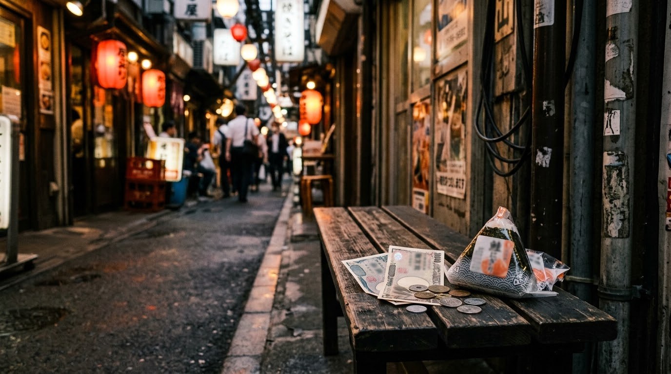 Japanese yen and a rice ball on a bench in a Tokyo side street