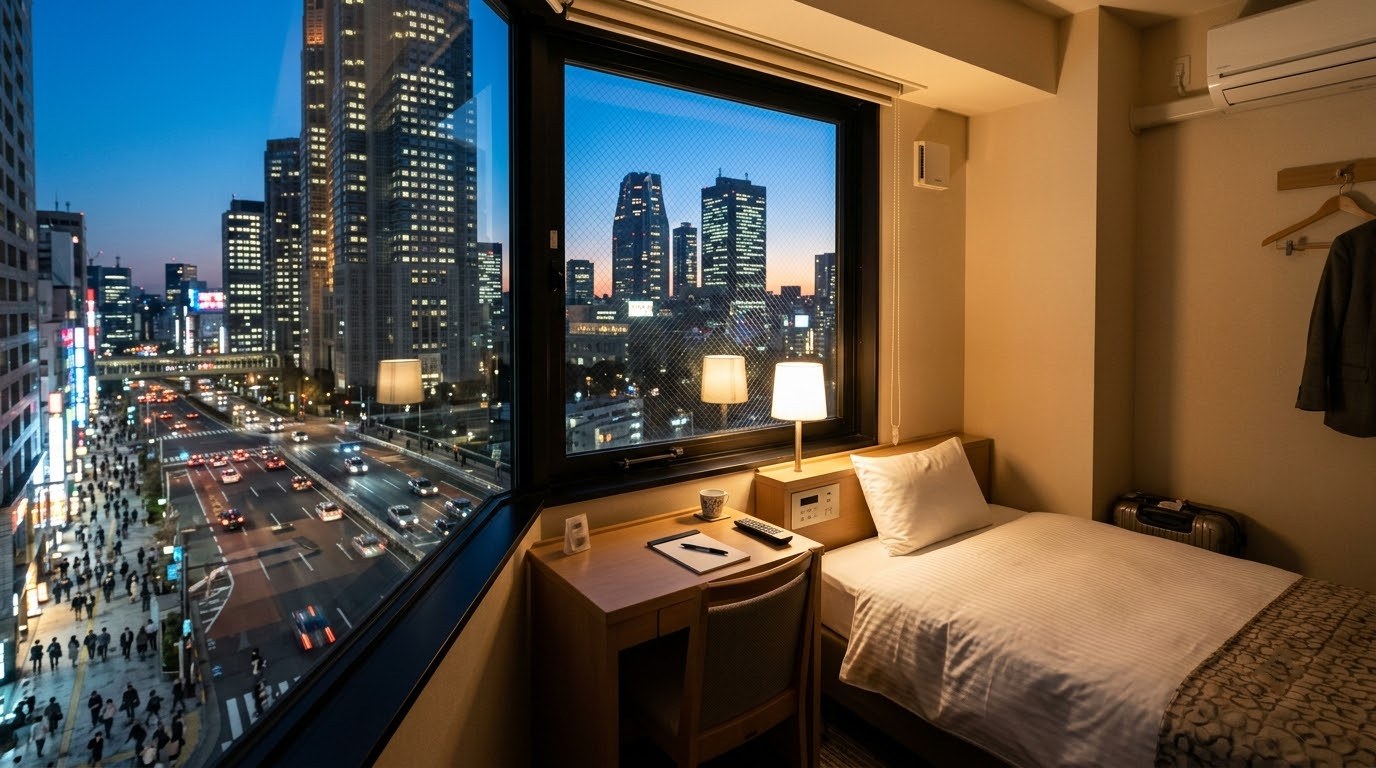 Compact business hotel room with a view of Shinjuku towers, Tokyo