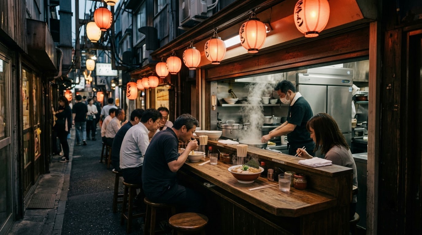 Steaming bowl of shoyu ramen at a counter in Tokyo