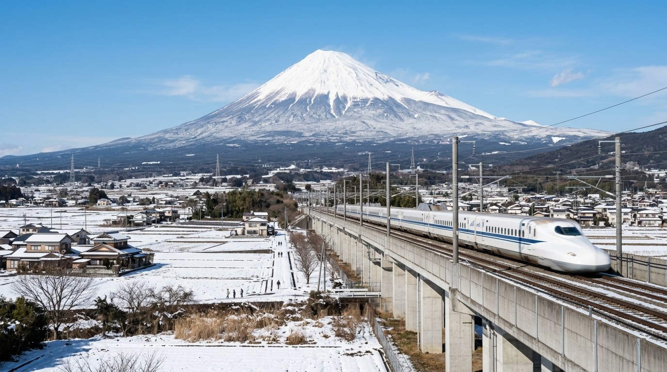 Shinkansen bullet train with Mount Fuji between Tokyo and Kyoto