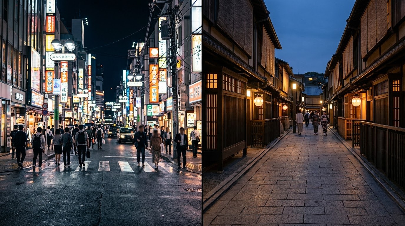 Diptych comparing neon Shibuya in Tokyo with a Gion lane in Kyoto
