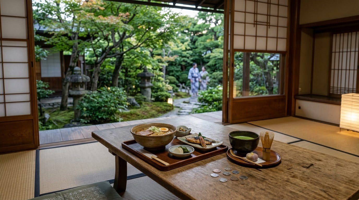 Ryokan dinner tray and yen coins in a Kyoto tatami room
