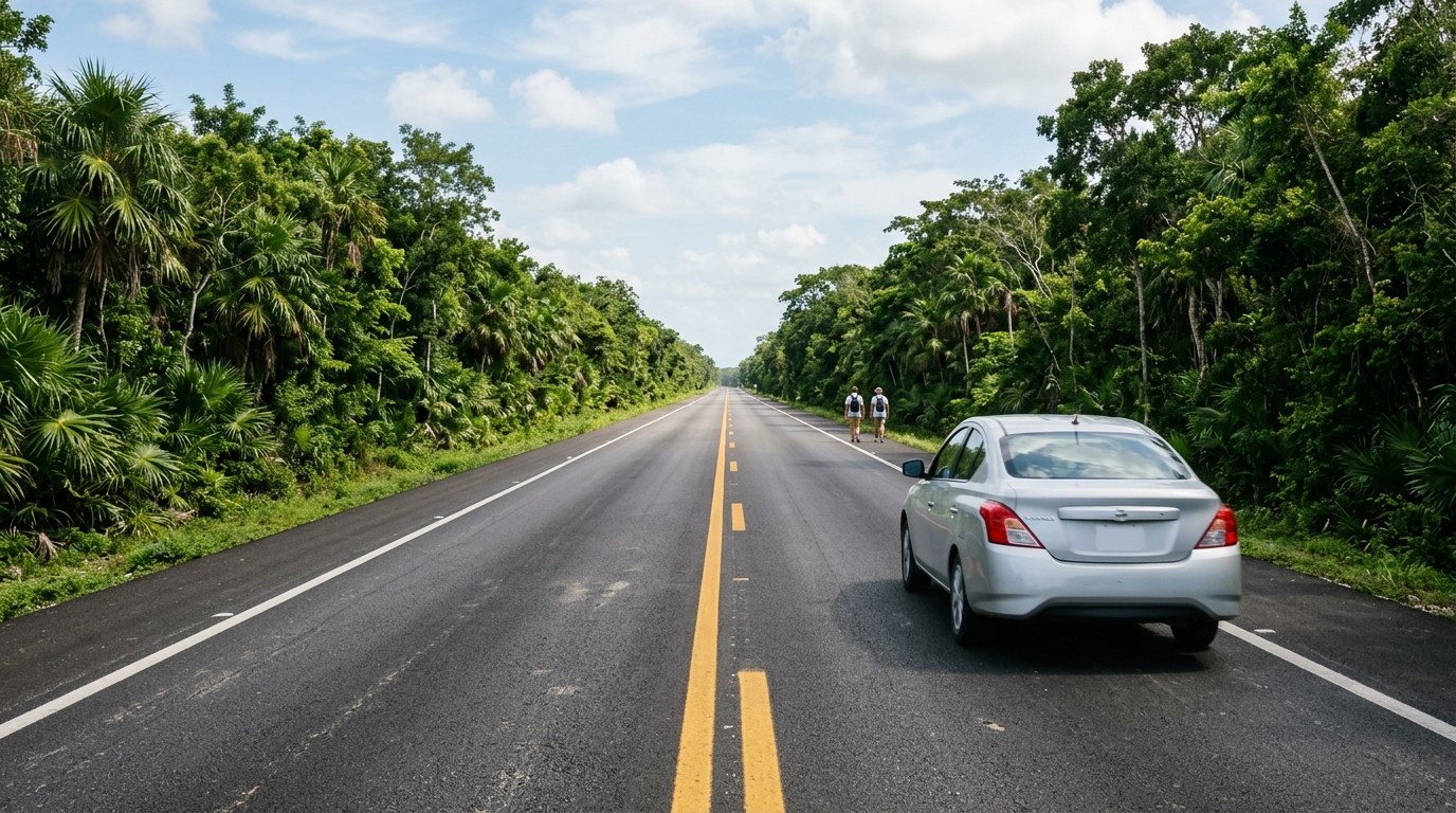 Rental car on a jungle highway near Tulum, Mexico