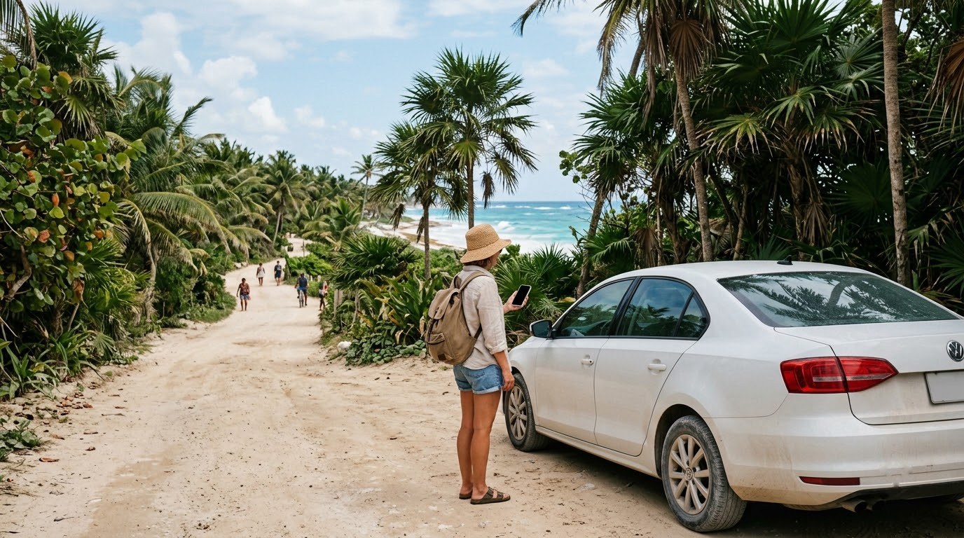 Traveller comparing car rentals on a phone on the Tulum beach road