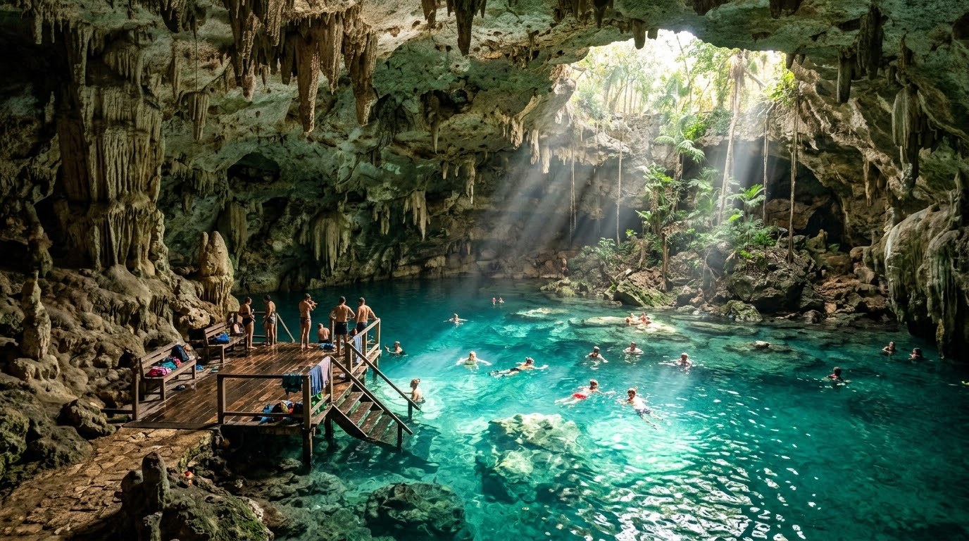 Gran Cenote near Tulum with turquoise water and stalactites