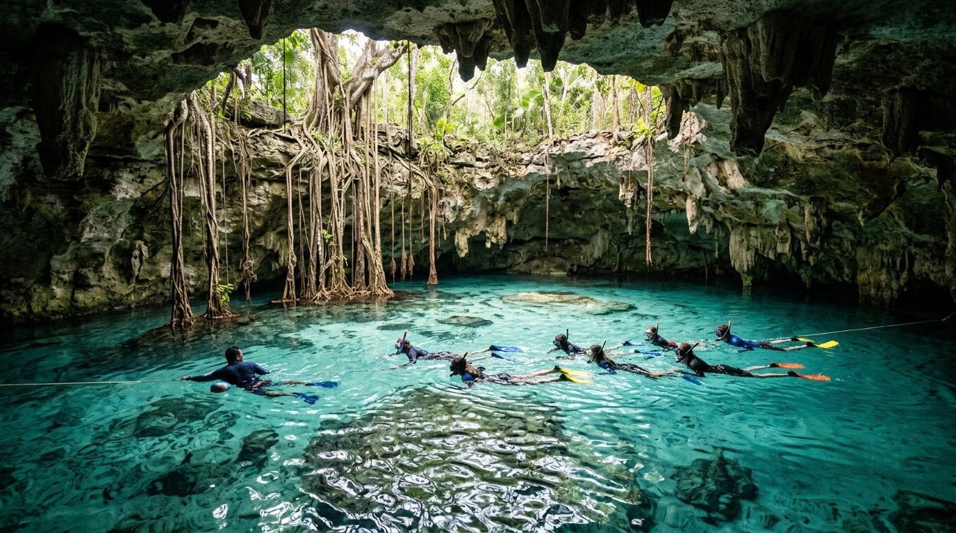 Tour group snorkelling at Dos Ojos cenote near Tulum, Mexico