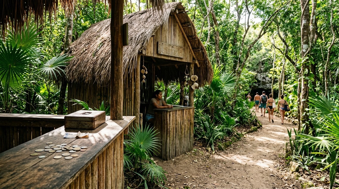 Jungle entrance hut and peso coins at a cenote near Tulum
