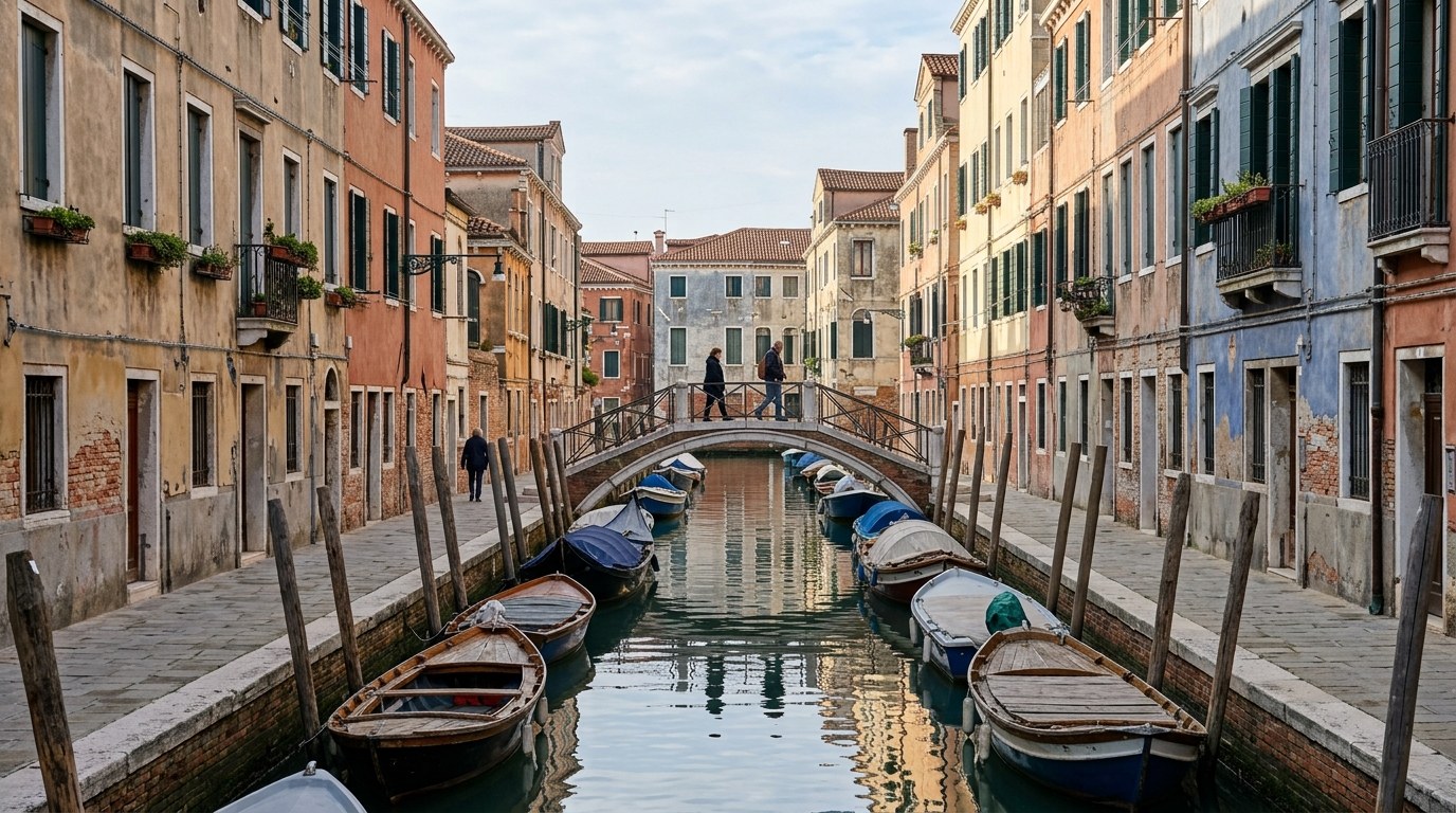 Quiet back canal in Cannaregio, Venice, in early morning