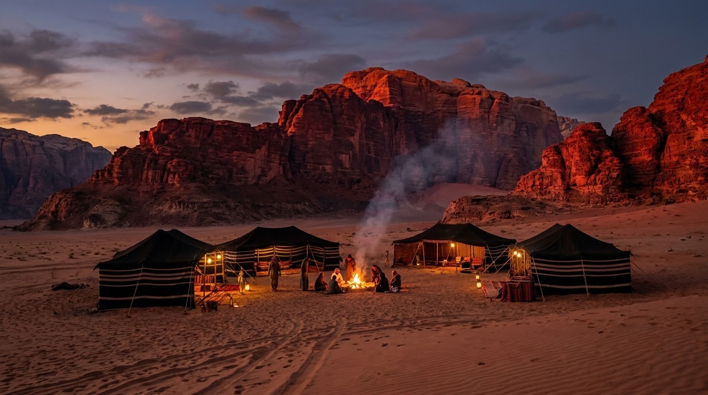 Bedouin camp tents at dusk in the Wadi Rum desert, Jordan