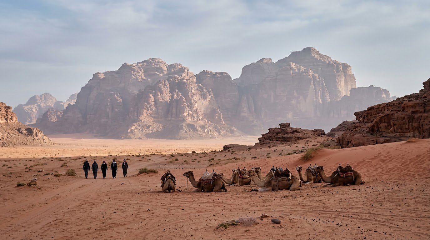 Camels resting in the Wadi Rum desert on a spring morning, Jordan