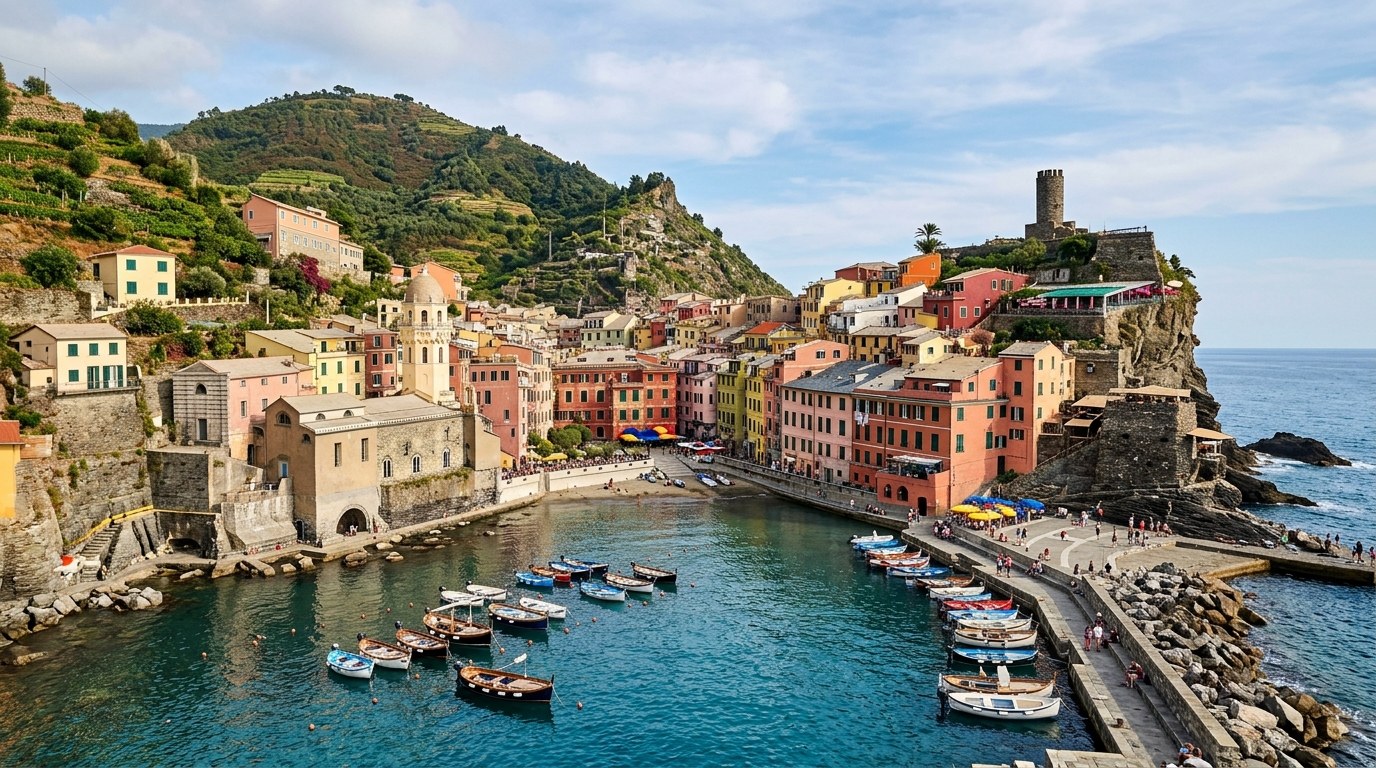 Pastel houses and boats in Vernazza harbour, Cinque Terre