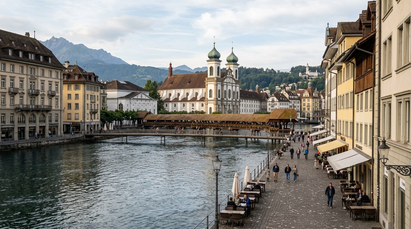 Historic hotels and cafes along the Reuss riverside in Lucerne