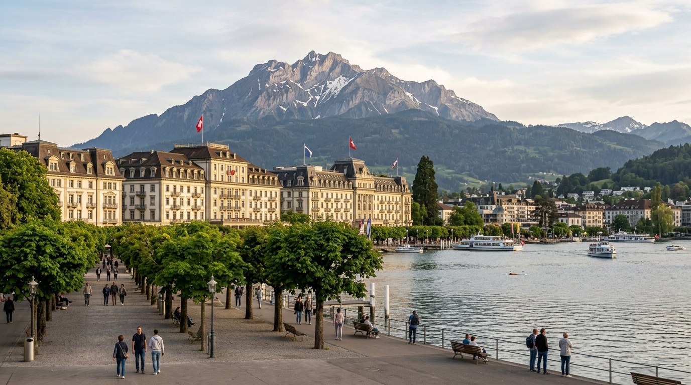 Grand lakefront hotels in Lucerne with Mount Pilatus beyond
