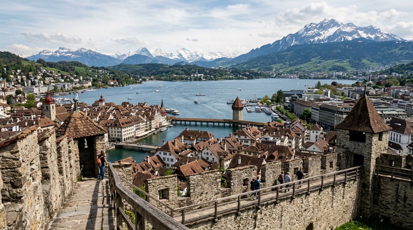 Lucerne old town rooftops seen from the Musegg Wall towers