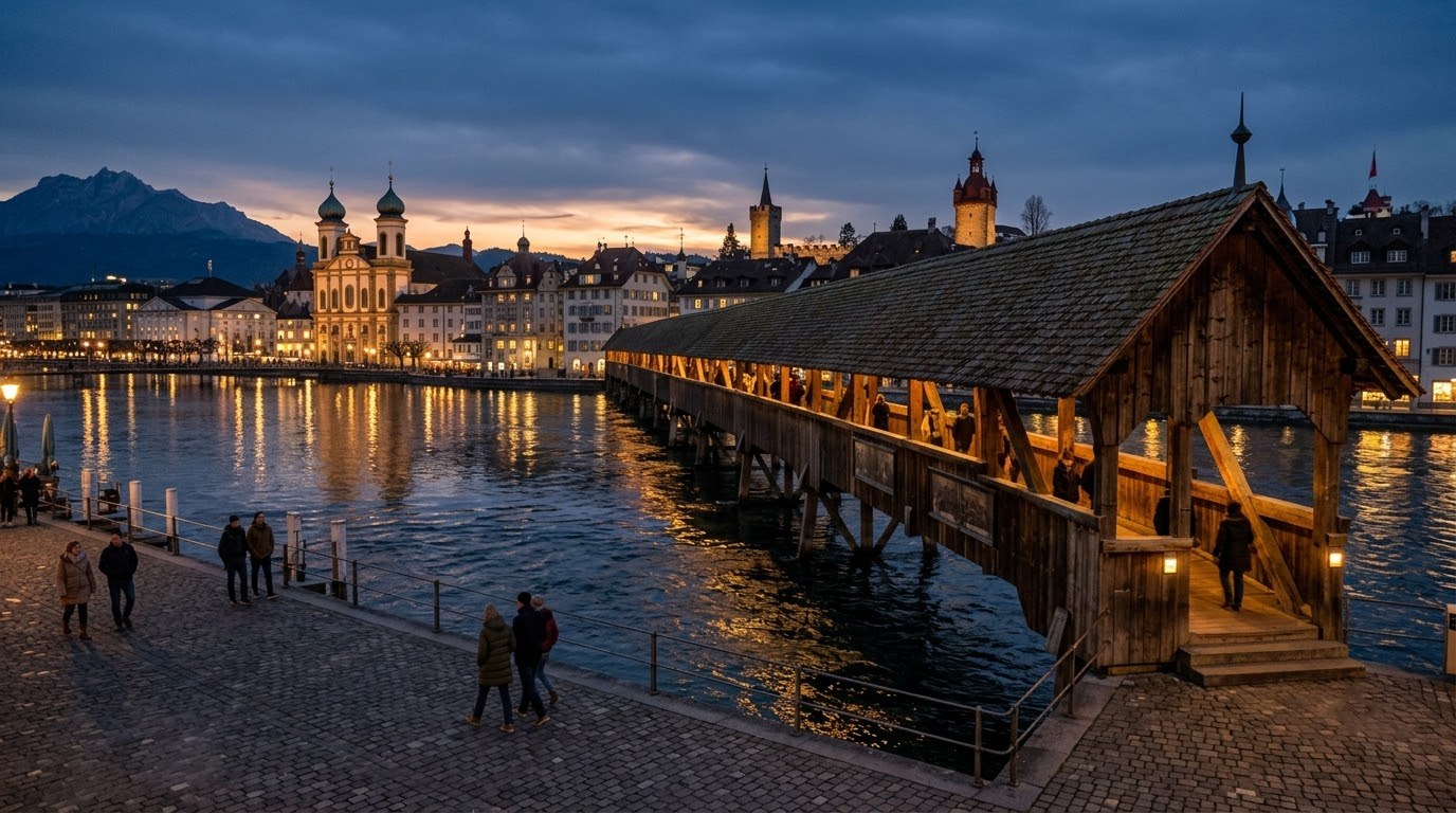 Spreuer Bridge over the Reuss in Lucerne at dusk