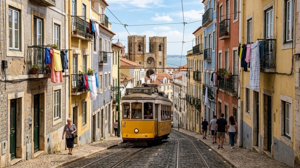 Yellow Tram 28 on a cobbled Alfama street in Lisbon on a calm afternoon